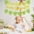 Merriva A Wild One Is On The Way Banner with Green Leaf Garland | Jungle Safari Baby Shower Decor