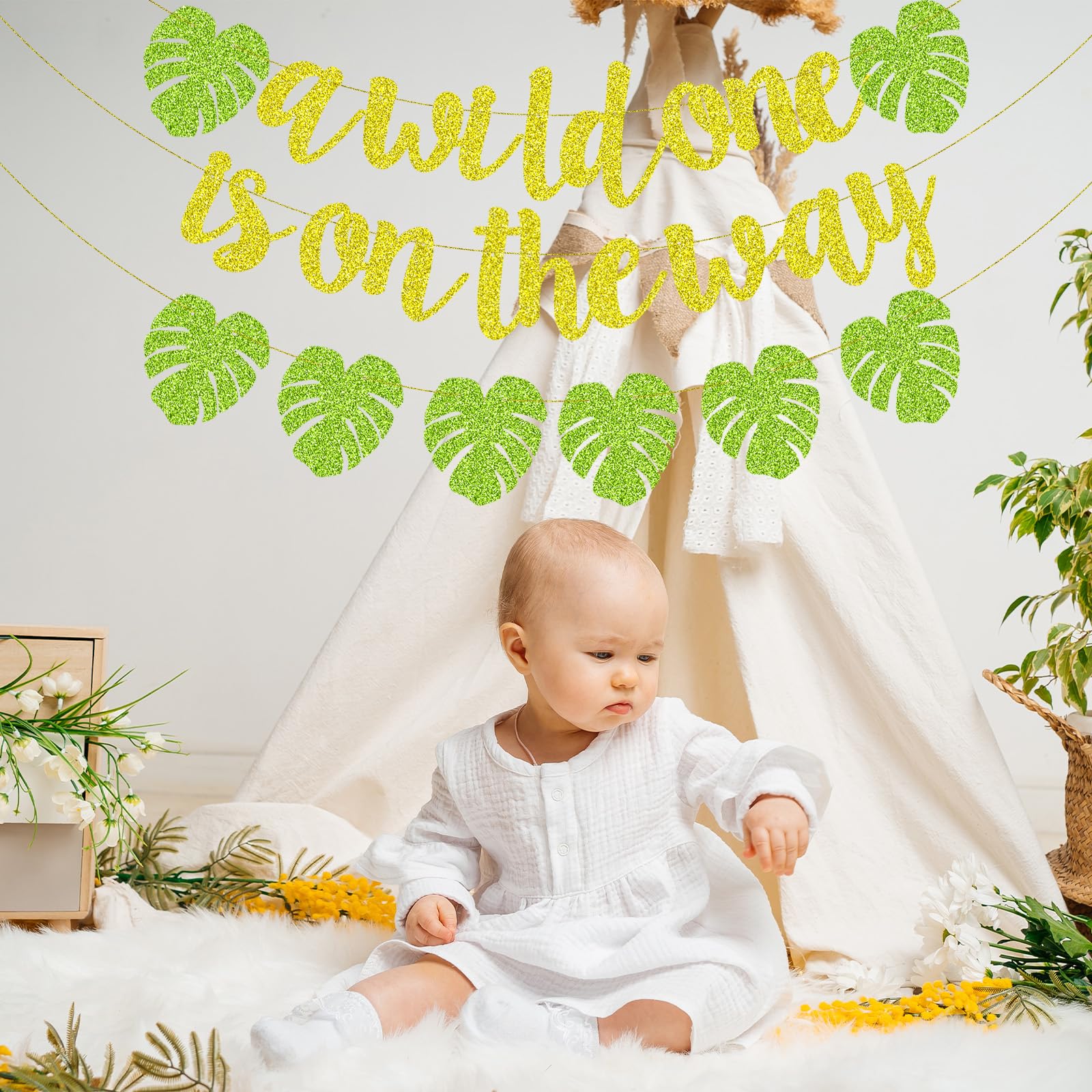 Merriva A Wild One Is On The Way Banner with Green Leaf Garland | Jungle Safari Baby Shower Decor