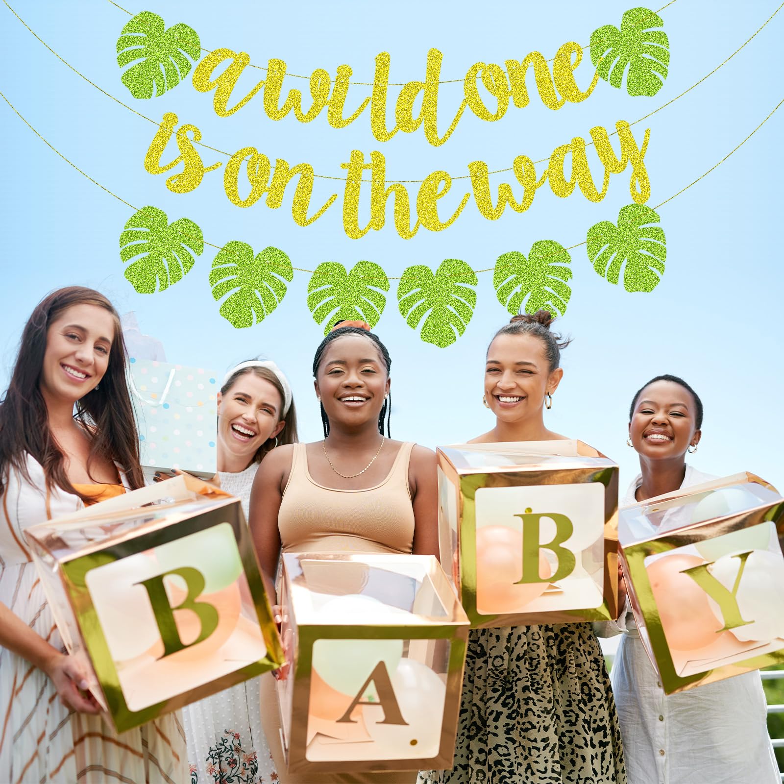 Merriva A Wild One Is On The Way Banner with Green Leaf Garland | Jungle Safari Baby Shower Decor