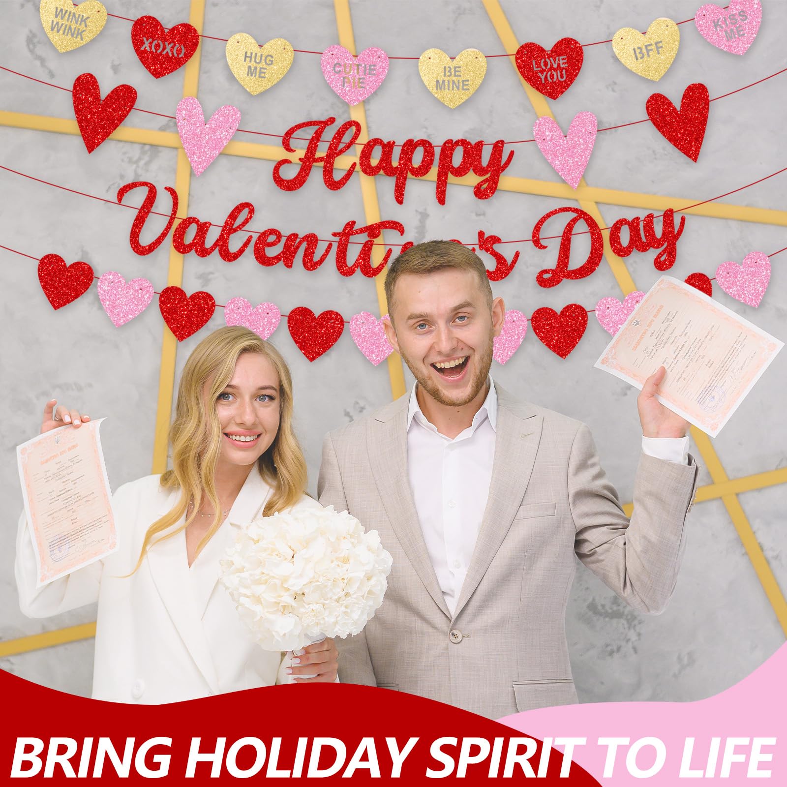 Merriva Happy Valentine's Day Banner with Heart Garland & Glittery Love Phrases | Romantic Party Decor