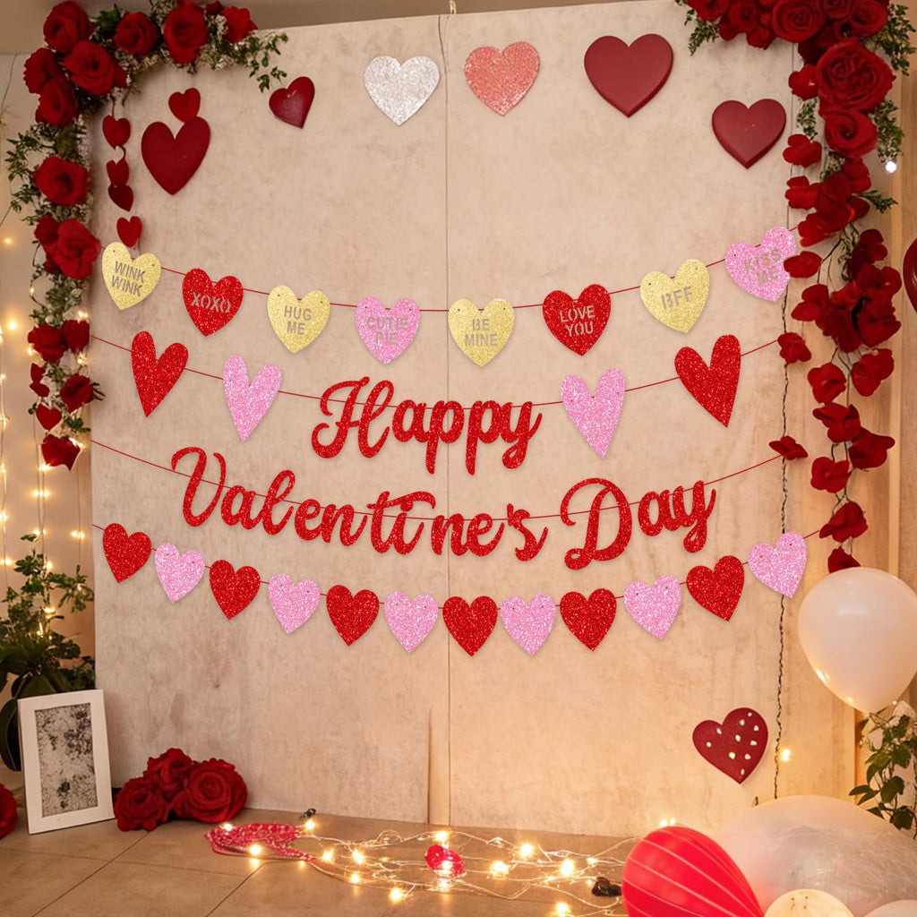 Merriva Happy Valentine's Day Banner with Heart Garland & Glittery Love Phrases | Romantic Party Decor