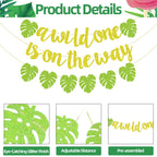 Merriva A Wild One Is On The Way Banner with Green Leaf Garland | Jungle Safari Baby Shower Decor