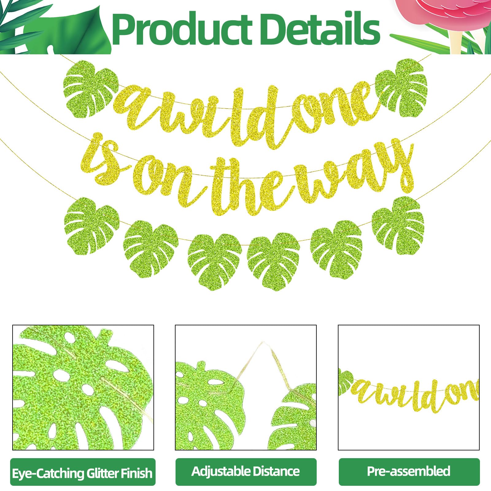 Merriva A Wild One Is On The Way Banner with Green Leaf Garland | Jungle Safari Baby Shower Decor