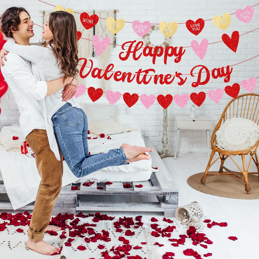 Merriva Happy Valentine's Day Banner with Heart Garland & Glittery Love Phrases | Romantic Party Decor