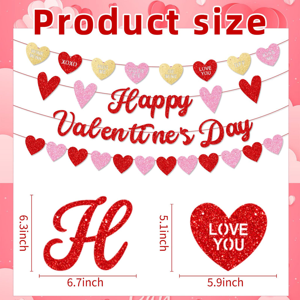 Merriva Happy Valentine's Day Banner with Heart Garland & Glittery Love Phrases | Romantic Party Decor