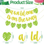 Merriva A Wild One Is On The Way Banner with Green Leaf Garland | Jungle Safari Baby Shower Decor