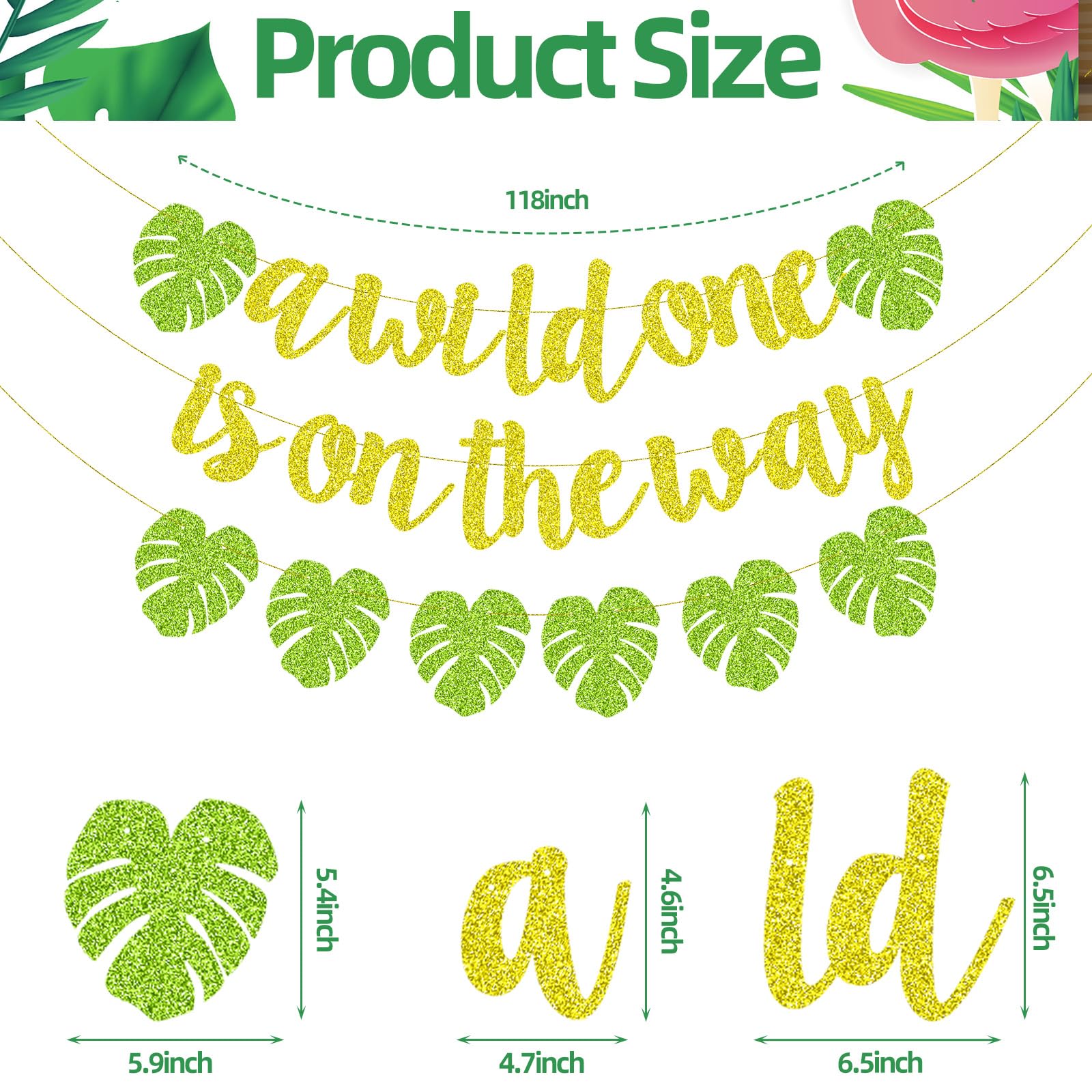 Merriva A Wild One Is On The Way Banner with Green Leaf Garland | Jungle Safari Baby Shower Decor