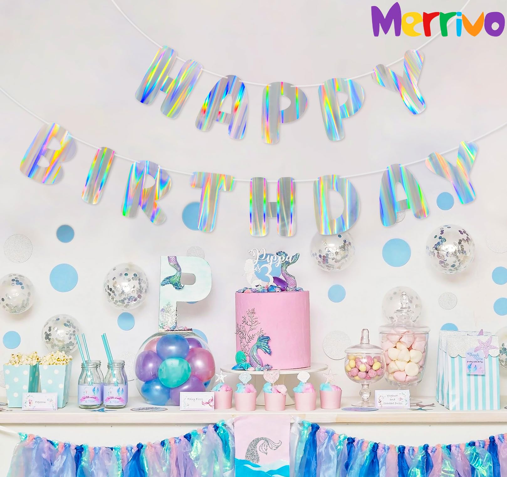 Merrivo Iridescent Happy Birthday Banner – 9ft Pre-Strung Holographic Decorations with Aurora & Rainbow Effects