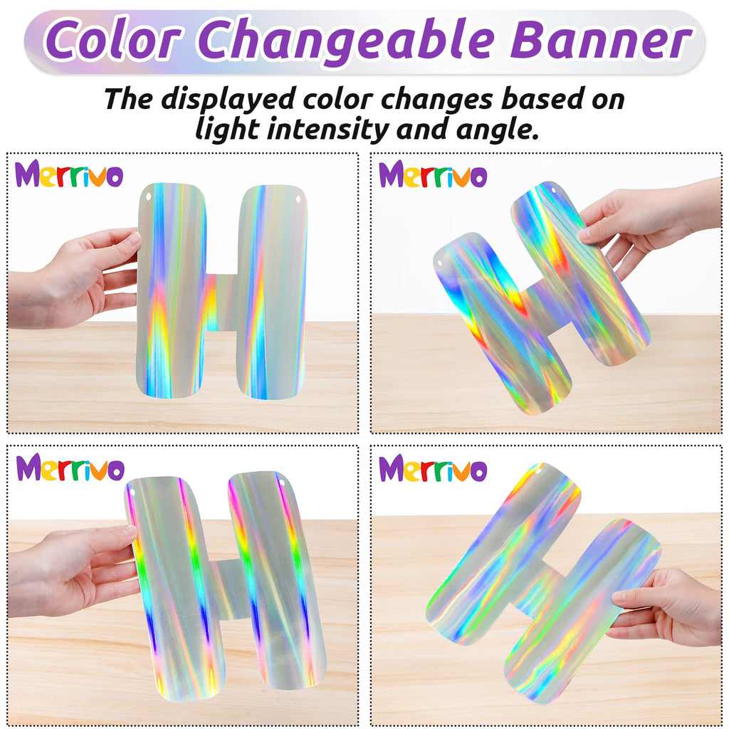 Merrivo Iridescent Happy Birthday Banner – 9ft Pre-Strung Holographic Decorations with Aurora & Rainbow Effects