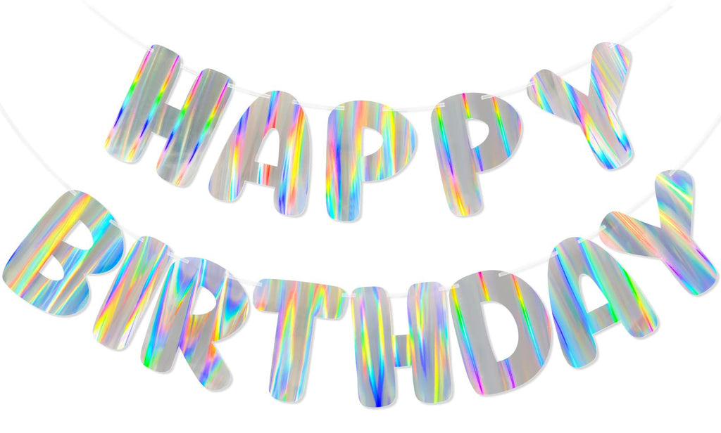 Merrivo Iridescent Happy Birthday Banner – 9ft Pre-Strung Holographic Decorations with Aurora & Rainbow Effects