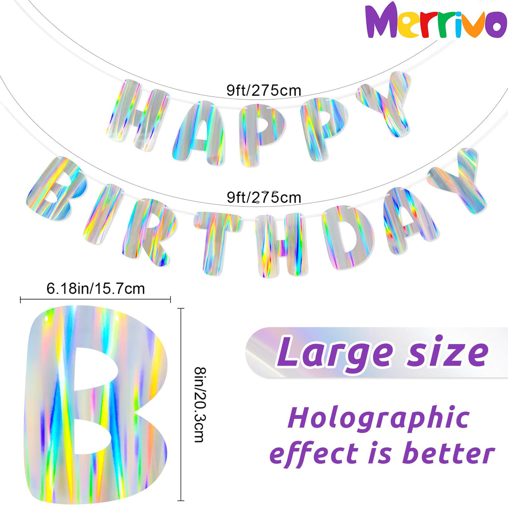 Merrivo Iridescent Happy Birthday Banner – 9ft Pre-Strung Holographic Decorations with Aurora & Rainbow Effects