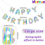 Merrivo Iridescent Happy Birthday Banner – 9ft Pre-Strung Holographic Decorations with Aurora & Rainbow Effects