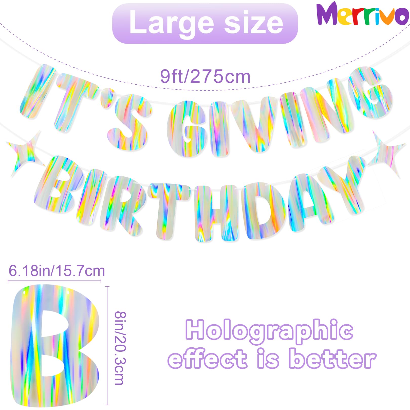 Merrivo Iridescent It's Giving Birthday Banner – 8-Inch Letter Decor for 21st & Sweet 16 Parties