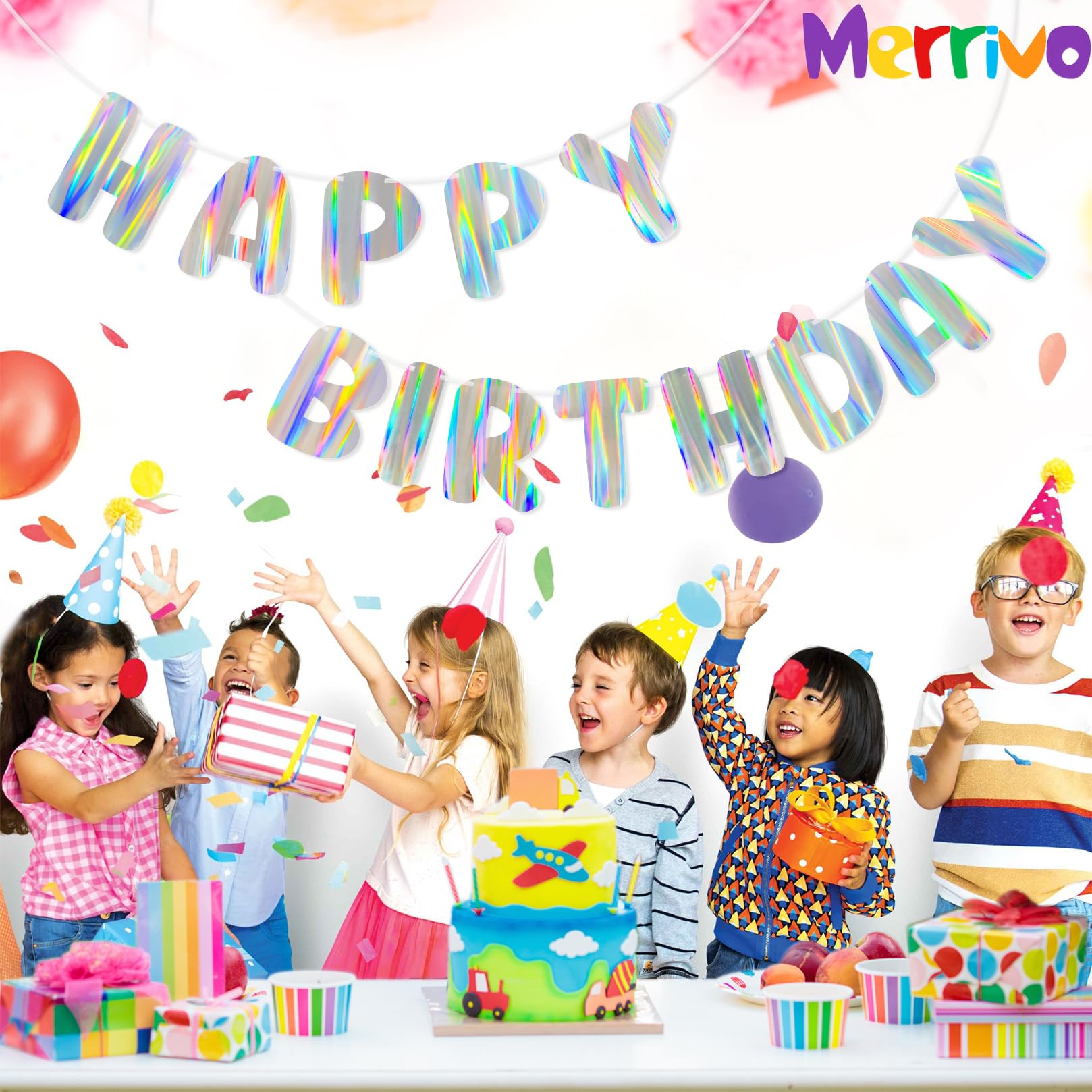 Merrivo Iridescent Happy Birthday Banner – 9ft Pre-Strung Holographic Decorations with Aurora & Rainbow Effects