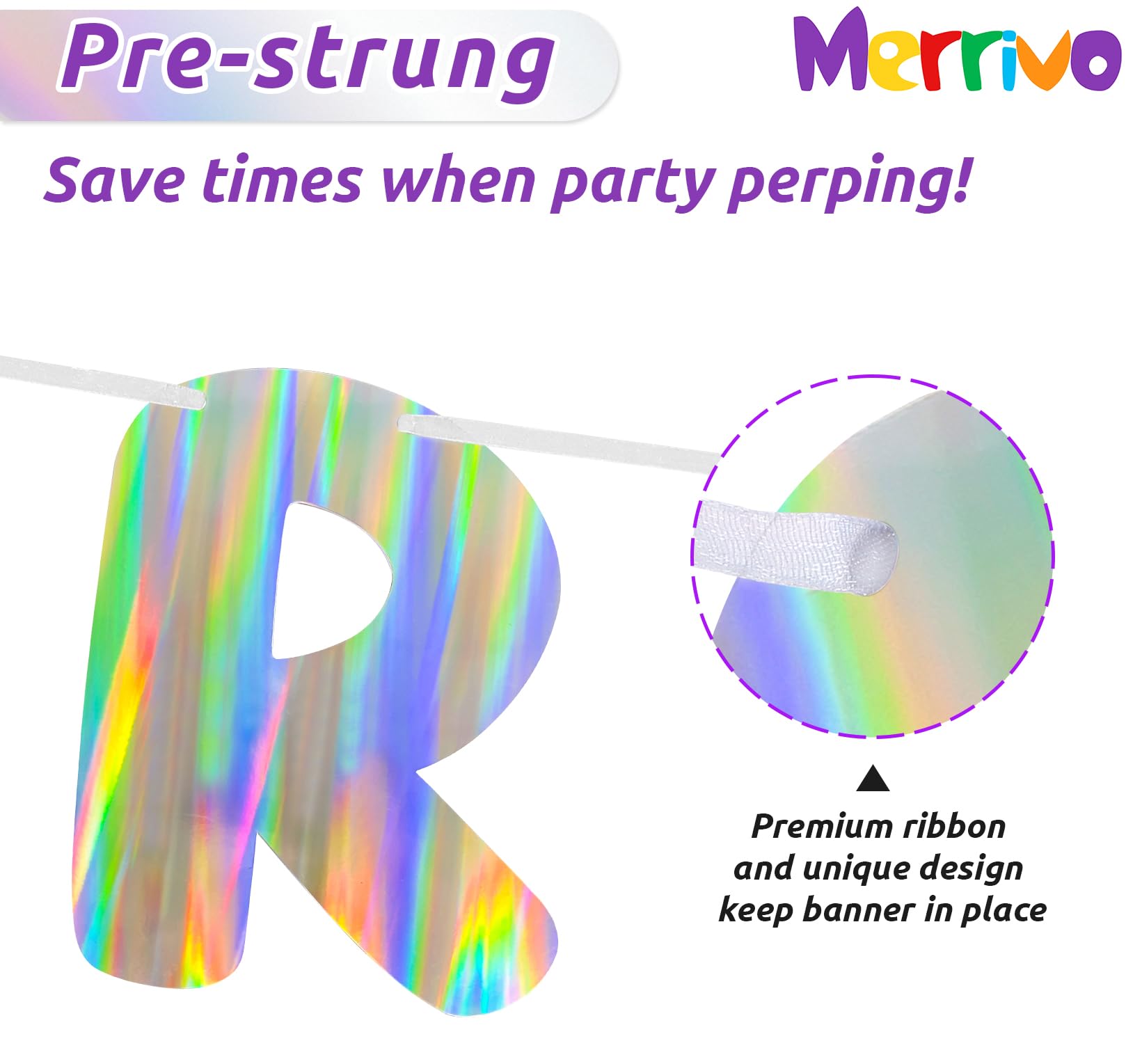 Merrivo Iridescent Happy Birthday Banner – 9ft Pre-Strung Holographic Decorations with Aurora & Rainbow Effects