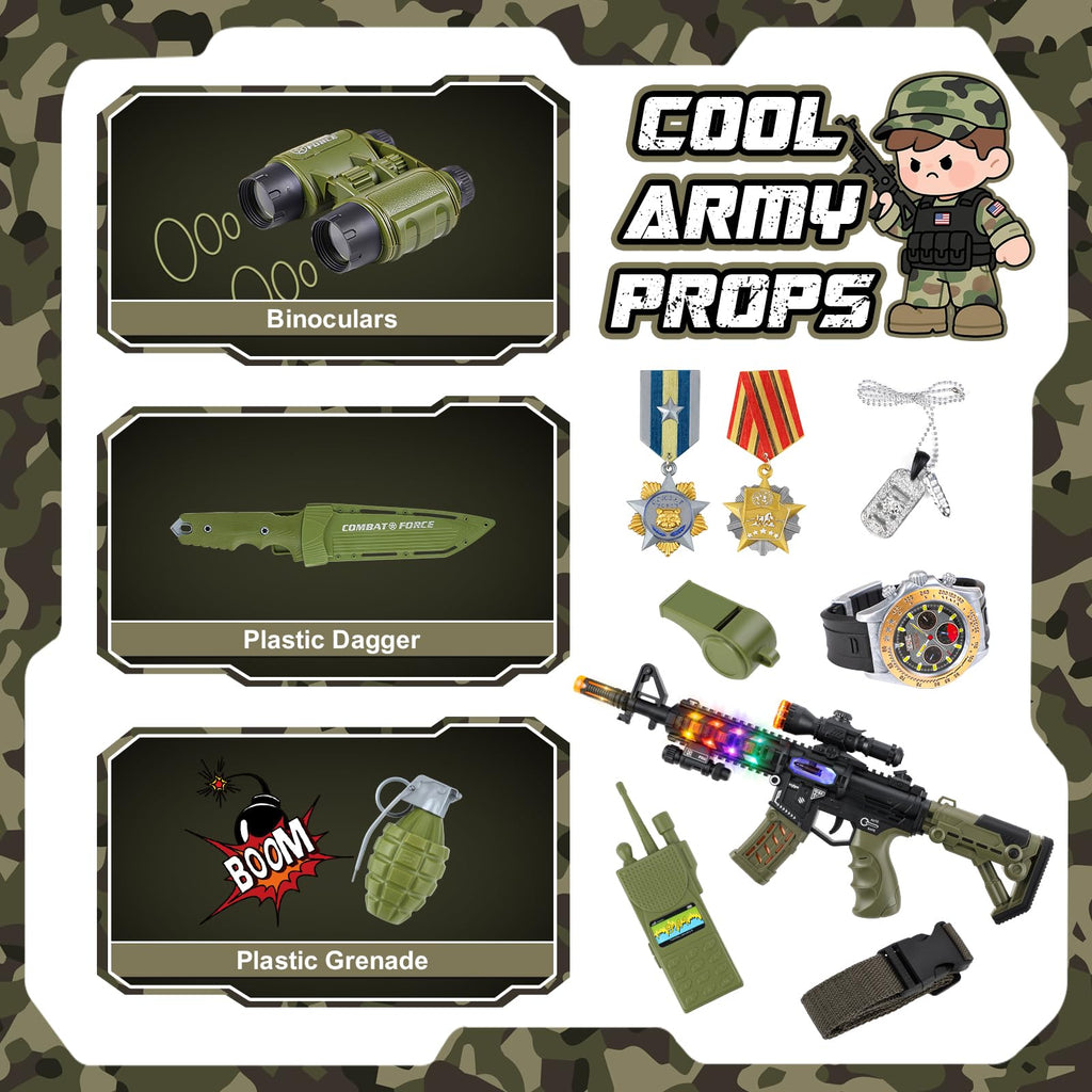 Metemot Kids Army Costume for Boys – 15-Piece Dress-Up Set with Vest & Army Toys