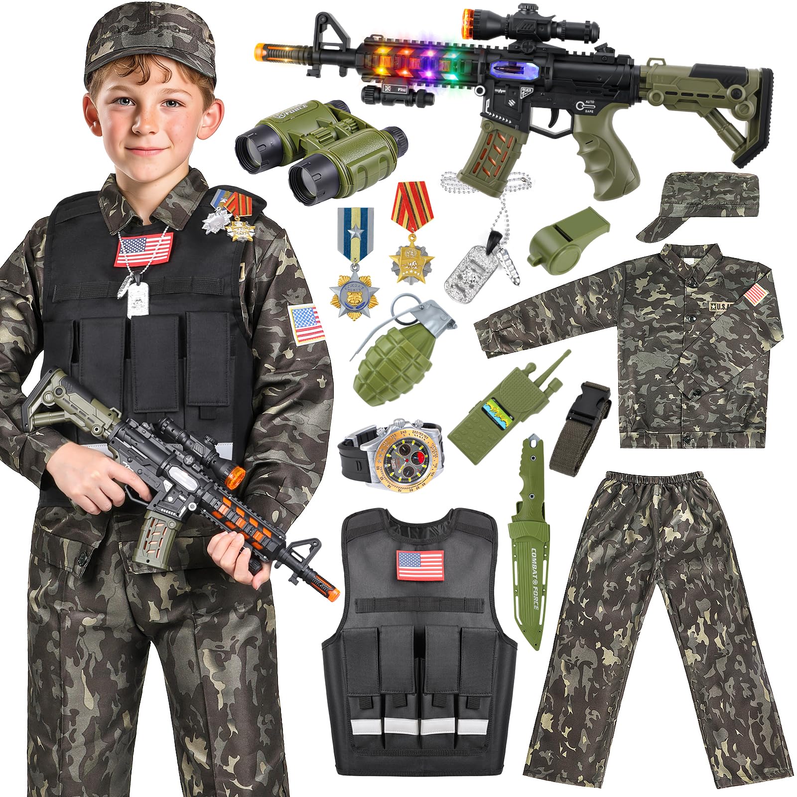 Metemot Kids Army Costume for Boys – 15-Piece Dress-Up Set with Vest & Army Toys