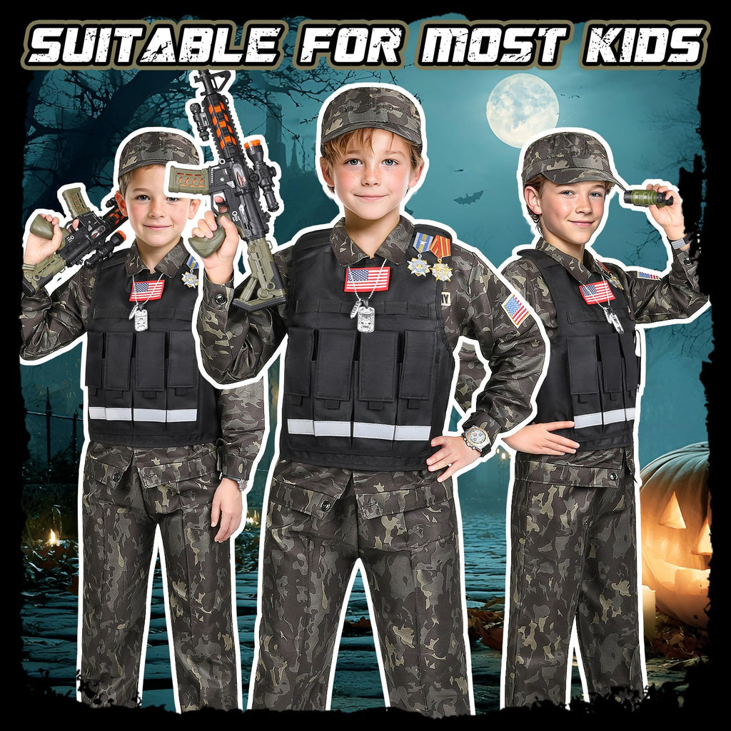 Metemot Kids Army Costume for Boys – 15-Piece Dress-Up Set with Vest & Army Toys