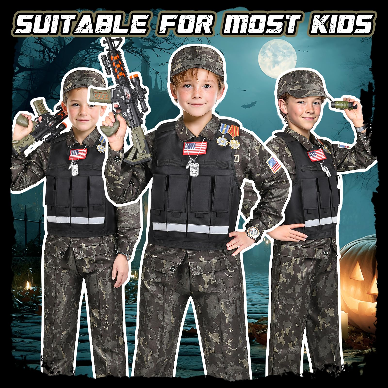 Metemot Kids Army Costume for Boys – 15-Piece Dress-Up Set with Vest & Army Toys