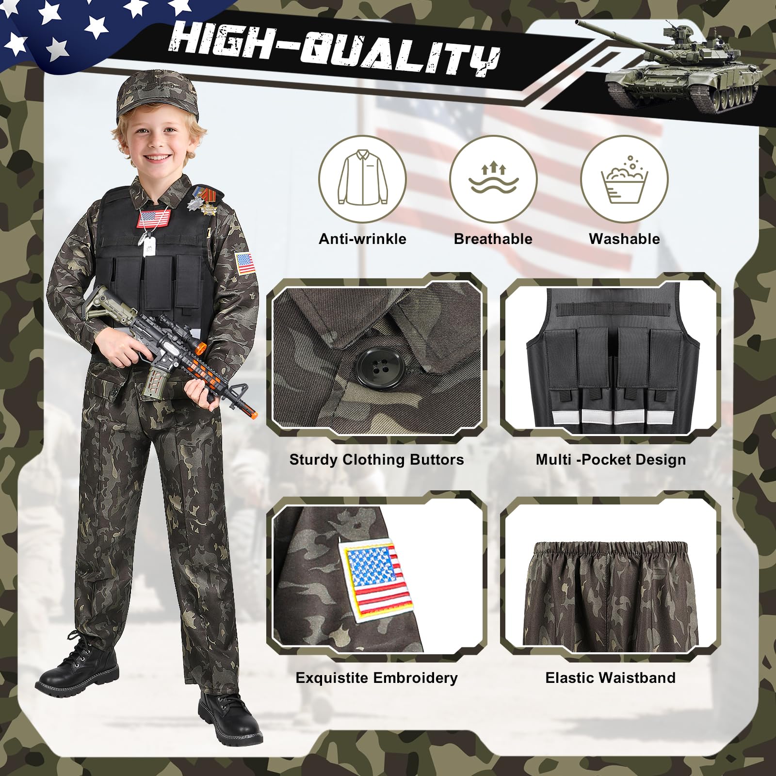 Metemot Kids Army Costume for Boys – 15-Piece Dress-Up Set with Vest & Army Toys