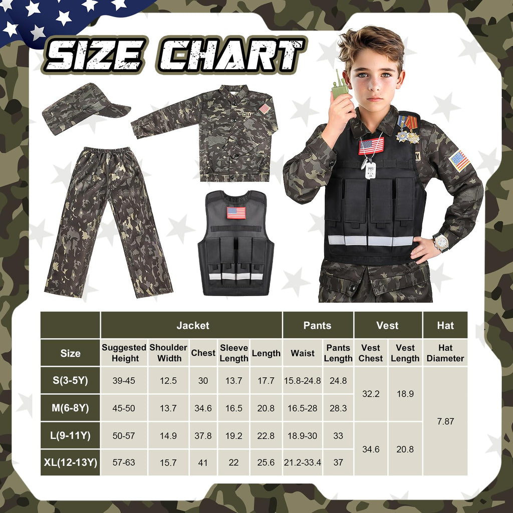Metemot Kids Army Costume for Boys – 15-Piece Dress-Up Set with Vest & Army Toys