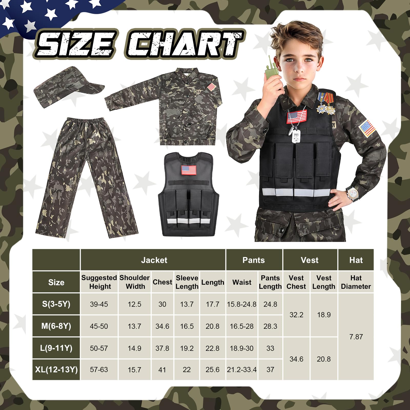 Metemot Kids Army Costume for Boys – 15-Piece Dress-Up Set with Vest & Army Toys