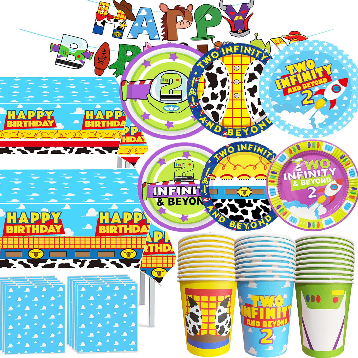 METIXOZE 133pc 2 Infinity & Inspired Two Beyond Birthday Decorations – Plates, Napkins, Cups, Tablecloth & Banner for Kids