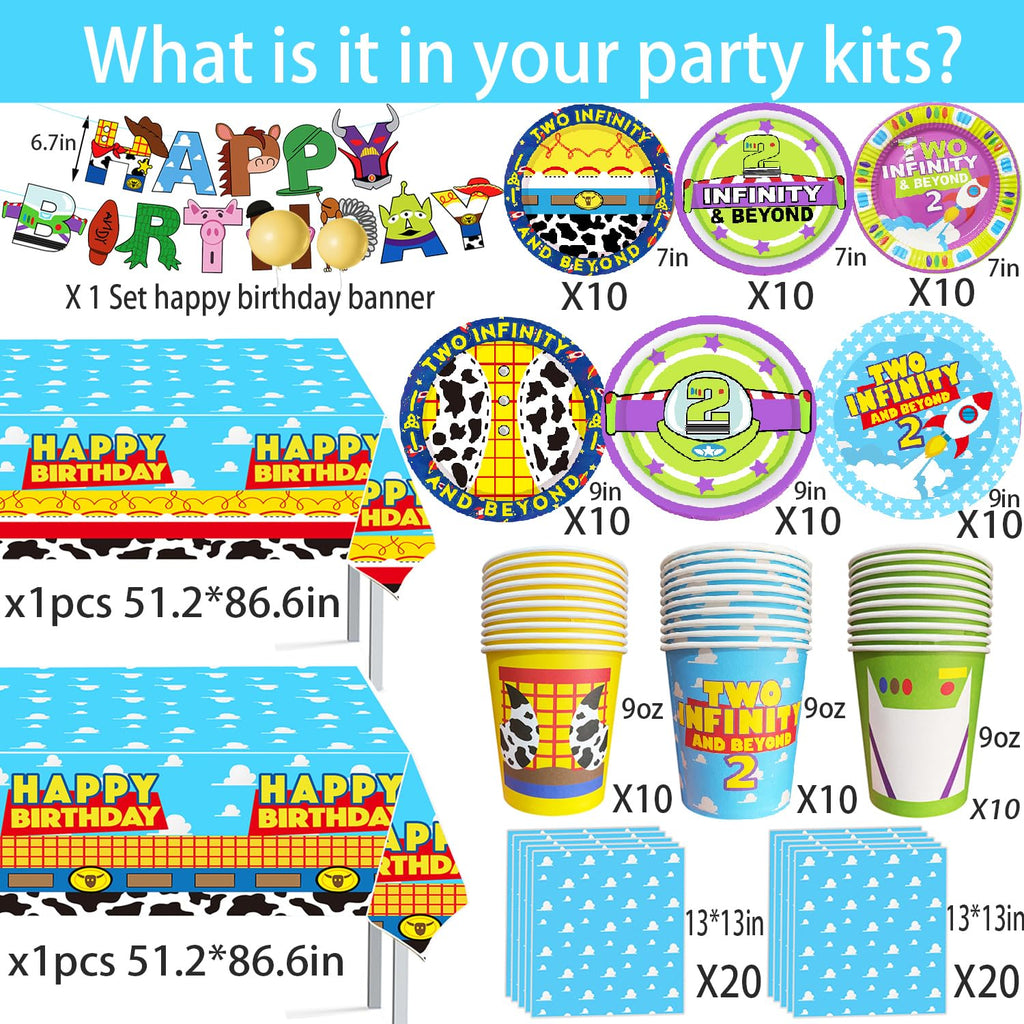 METIXOZE 133pc 2 Infinity & Inspired Two Beyond Birthday Decorations – Plates, Napkins, Cups, Tablecloth & Banner for Kids