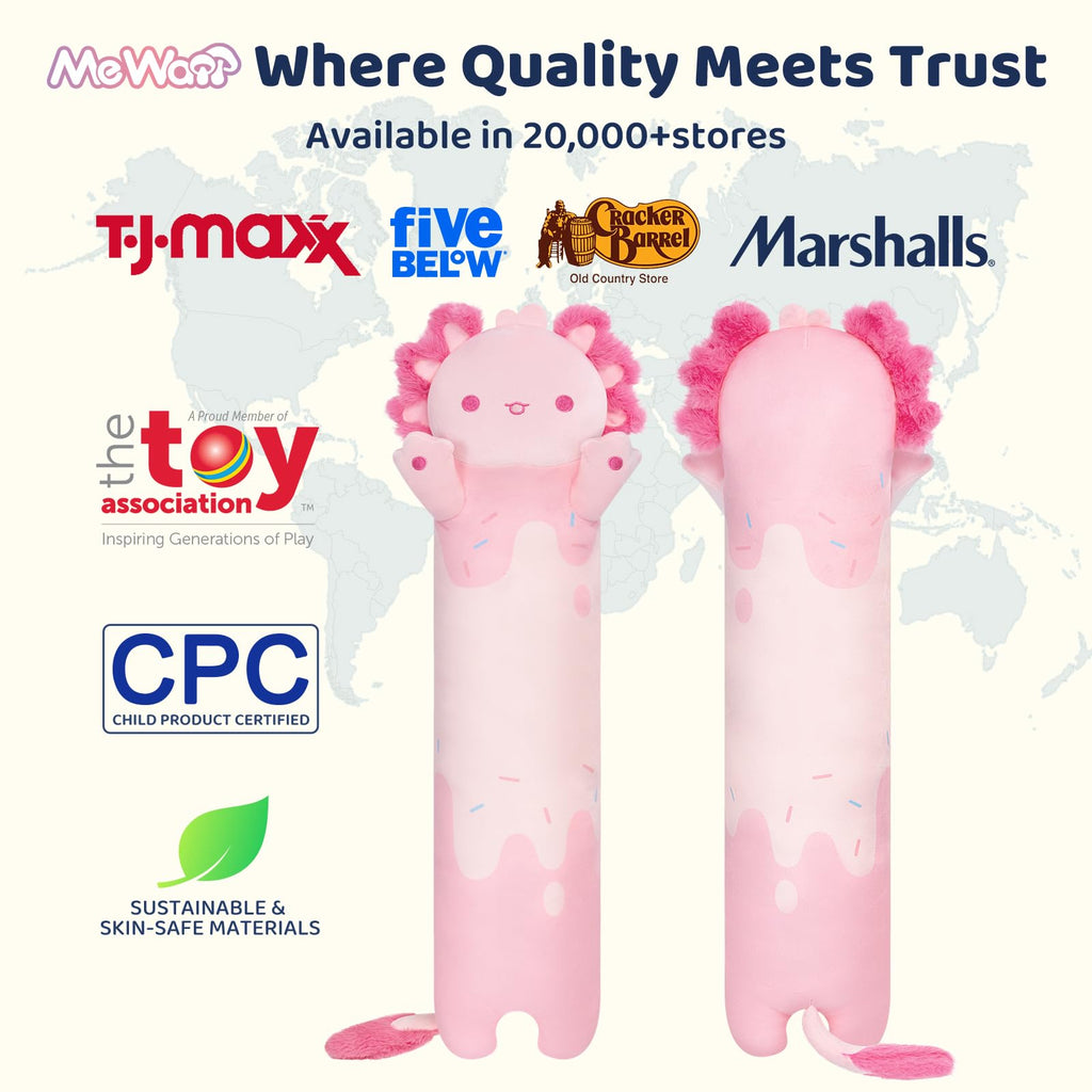 Mewaii Long Axolotl Plush – 5 Sizes, Giant Soft Pink Axolotl Body Pillow & Kawaii Plush Toy