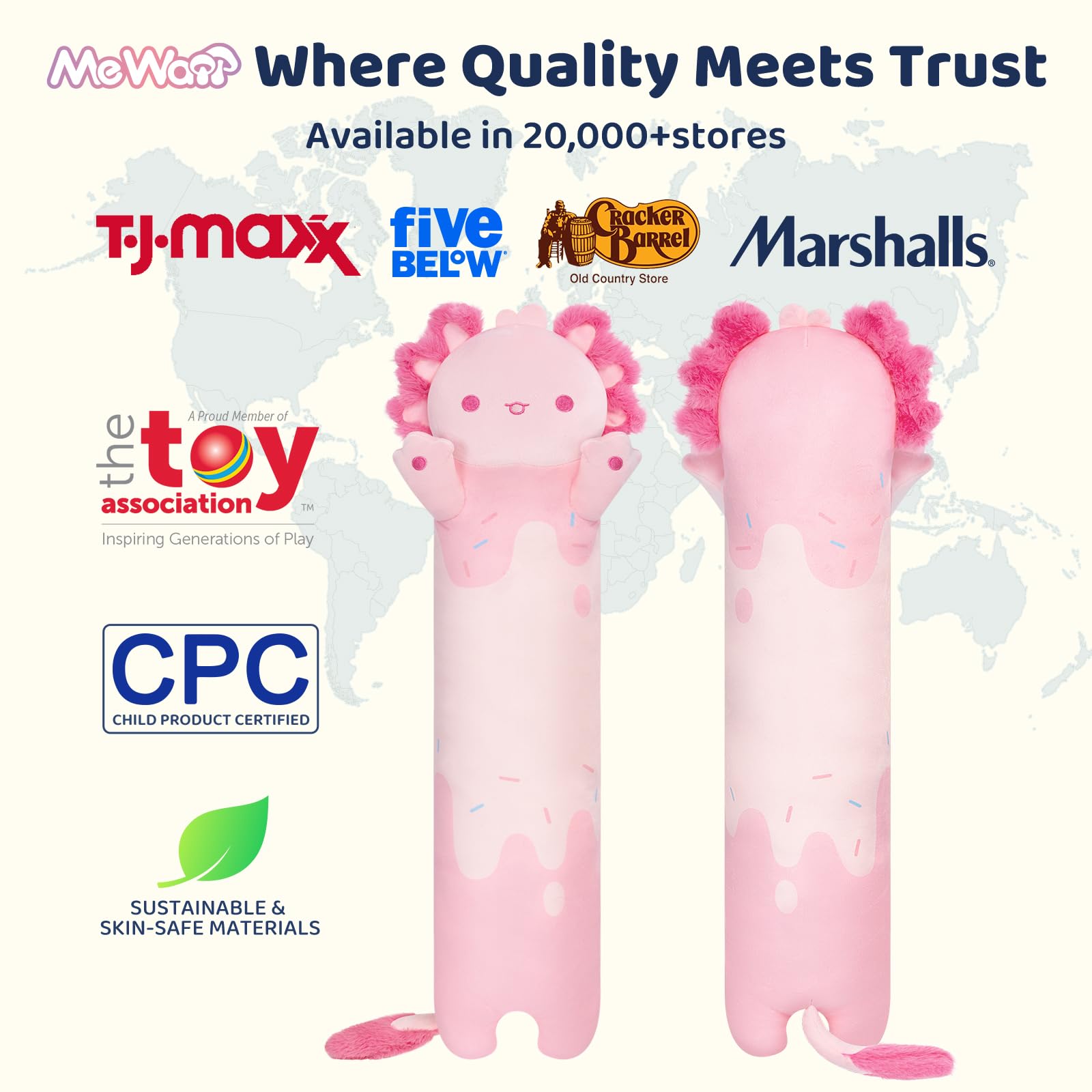 Mewaii Long Axolotl Plush – 5 Sizes, Giant Soft Pink Axolotl Body Pillow & Kawaii Plush Toy