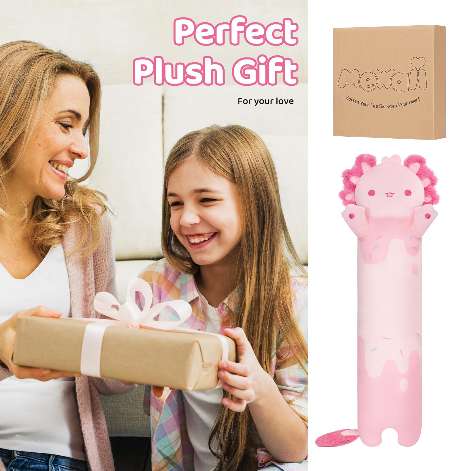 Mewaii Long Axolotl Plush – 5 Sizes, Giant Soft Pink Axolotl Body Pillow & Kawaii Plush Toy