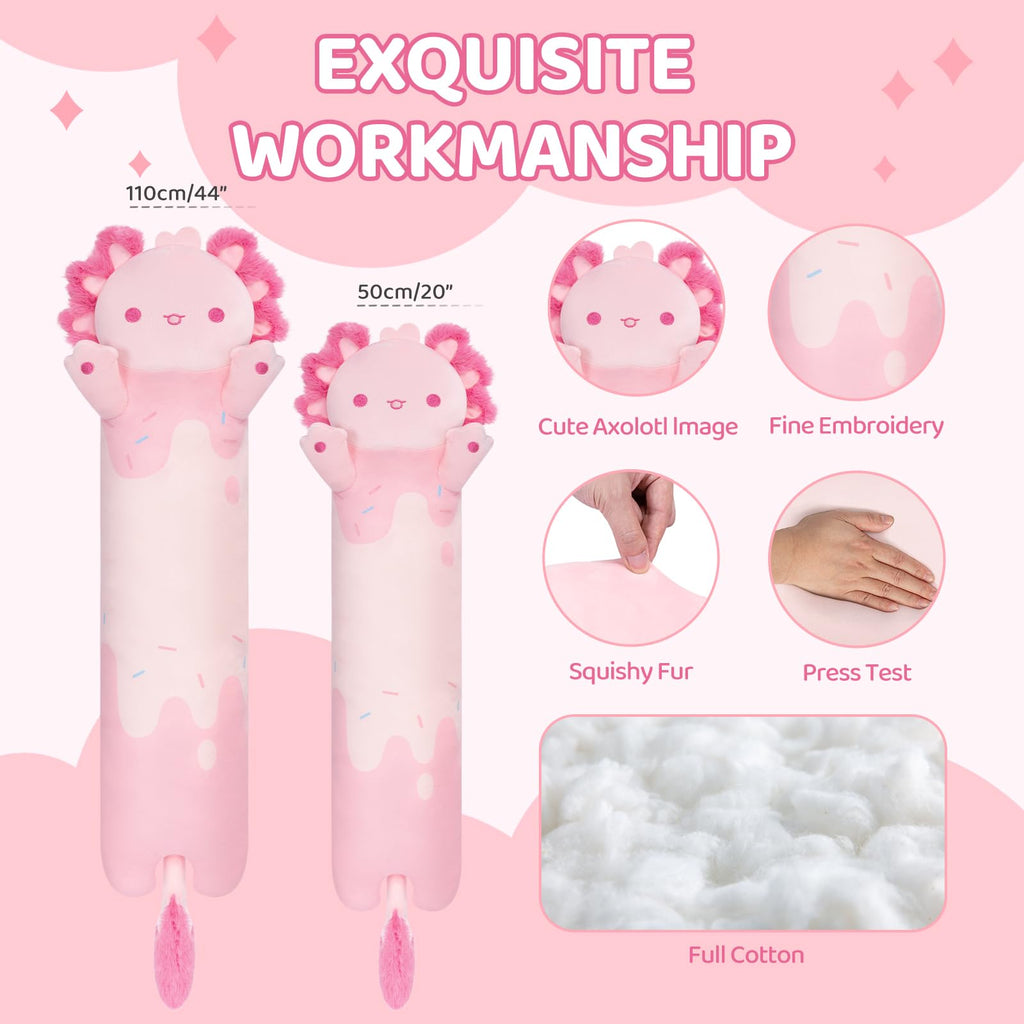 Mewaii Long Axolotl Plush – 5 Sizes, Giant Soft Pink Axolotl Body Pillow & Kawaii Plush Toy