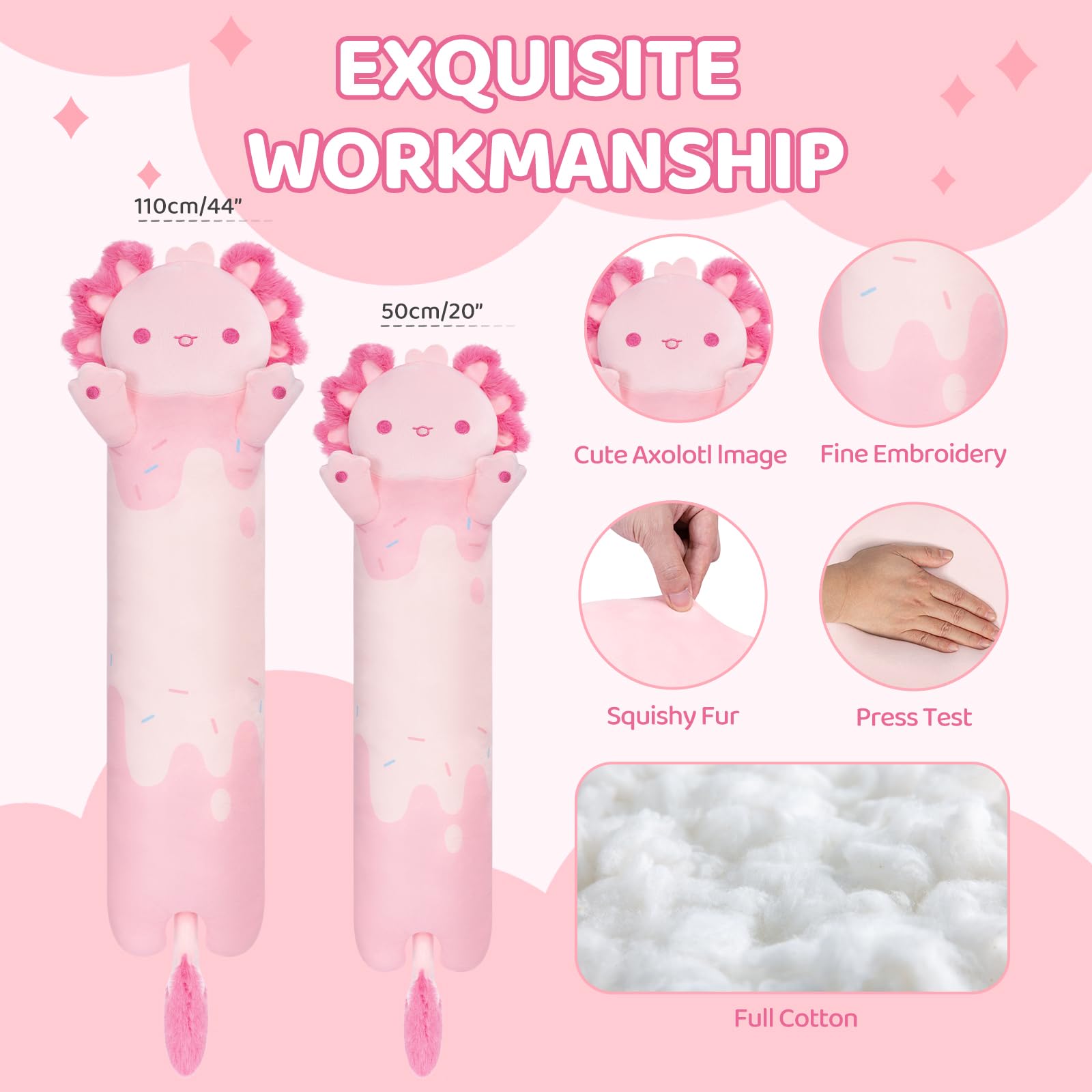 Mewaii Long Axolotl Plush – 5 Sizes, Giant Soft Pink Axolotl Body Pillow & Kawaii Plush Toy