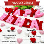 Meygajoe Pre-Strung Felt Happy Birthday Banner for Valentines Day - Red Pink Hearts 3D Wool Felt Garland