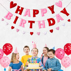 Meygajoe Pre-Strung Felt Happy Birthday Banner for Valentines Day - Red Pink Hearts 3D Wool Felt Garland