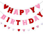 Meygajoe Pre-Strung Felt Happy Birthday Banner for Valentines Day - Red Pink Hearts 3D Wool Felt Garland