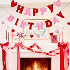 Meygajoe Pre-Strung Felt Happy Birthday Banner for Valentines Day - Red Pink Hearts 3D Wool Felt Garland