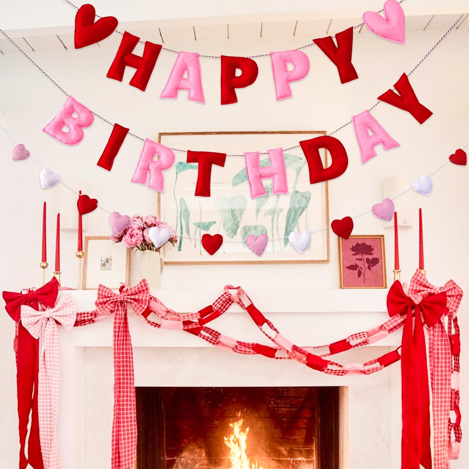 Meygajoe Pre-Strung Felt Happy Birthday Banner for Valentines Day - Red Pink Hearts 3D Wool Felt Garland