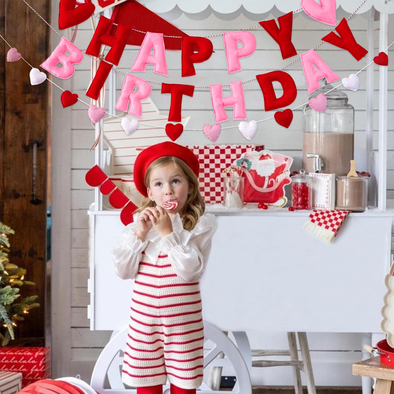 Meygajoe Pre-Strung Felt Happy Birthday Banner for Valentines Day - Red Pink Hearts 3D Wool Felt Garland