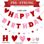 Meygajoe Pre-Strung Felt Happy Birthday Banner for Valentines Day - Red Pink Hearts 3D Wool Felt Garland