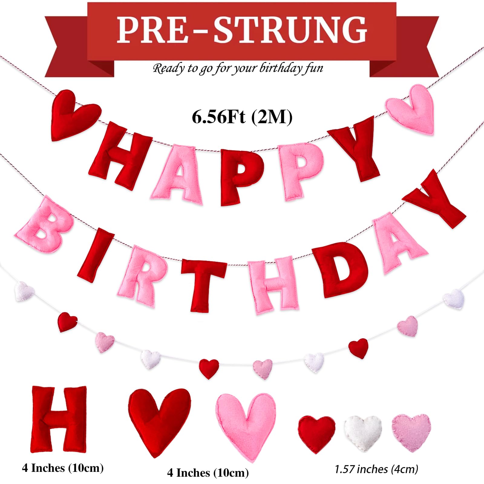 Meygajoe Pre-Strung Felt Happy Birthday Banner for Valentines Day - Red Pink Hearts 3D Wool Felt Garland