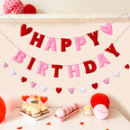 Meygajoe Pre-Strung Felt Happy Birthday Banner for Valentines Day - Red Pink Hearts 3D Wool Felt Garland