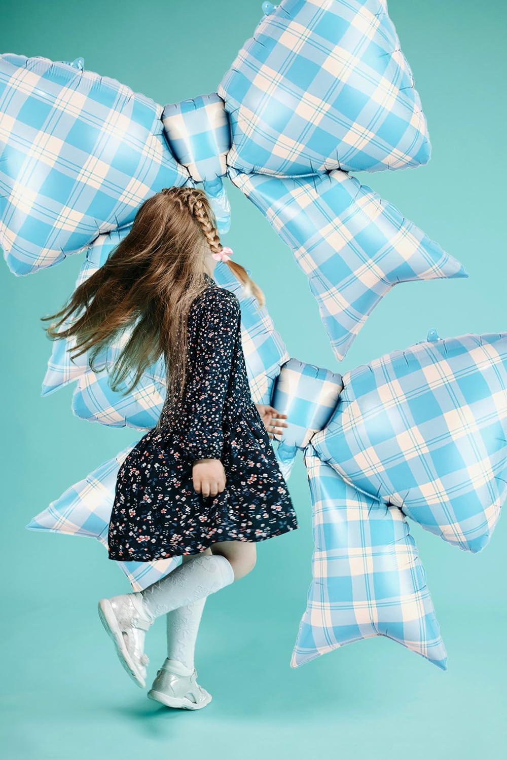 MGJSRNH Giant Blue Plaid Bow Foil Balloons – 38-Inch Mylar Party Decor (2 Pcs)