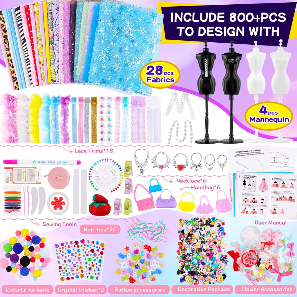 MGparty 800+ PCS Fashion Designer Kit for Girls – Doll Clothes Sewing & DIY Craft Kit
