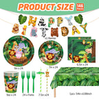 MIAOSHOUTAO 146Pcs Jungle Safari Party Supplies – Plates, Napkins & Tableware for Woodland Baby Shower & Birthday