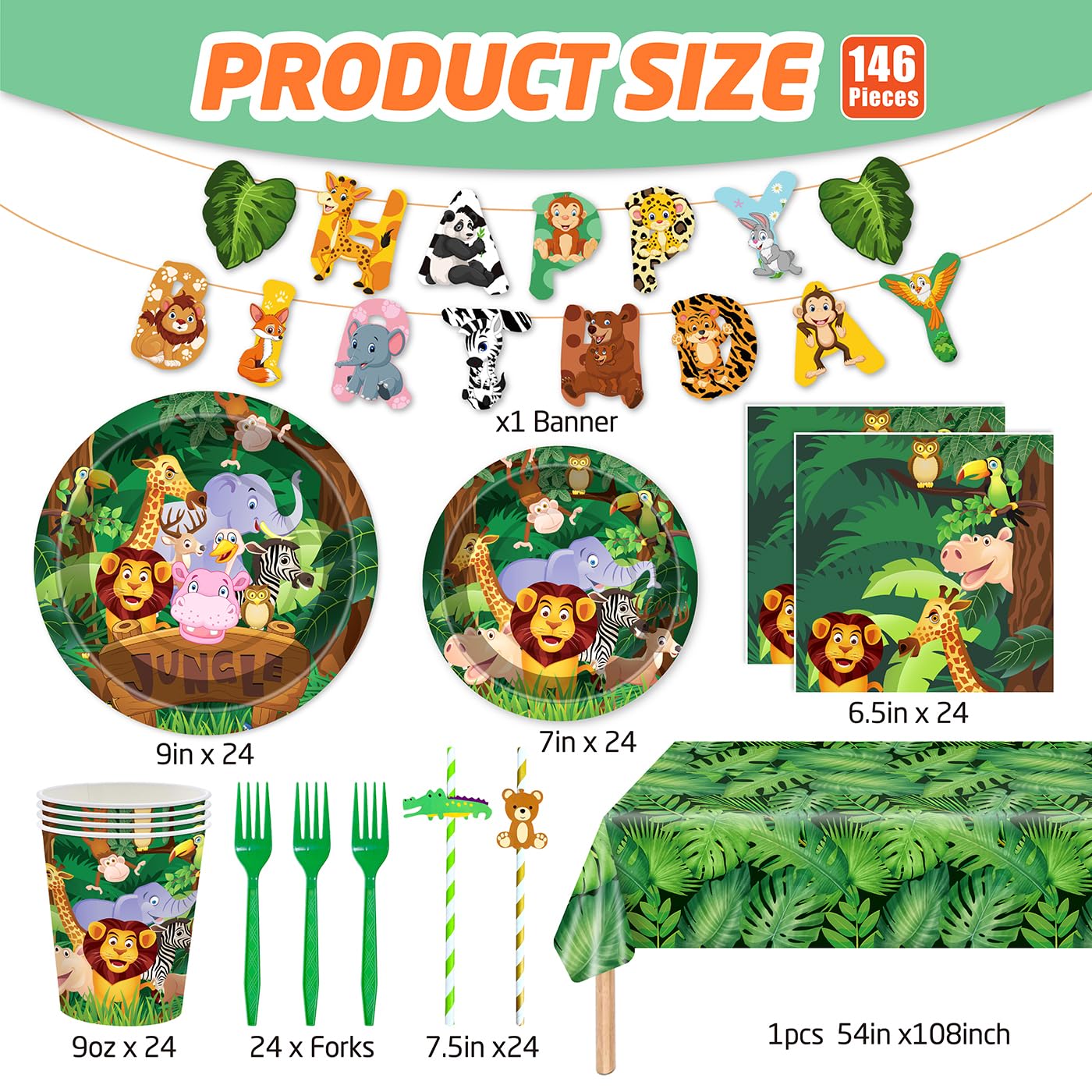 MIAOSHOUTAO 146Pcs Jungle Safari Party Supplies – Plates, Napkins & Tableware for Woodland Baby Shower & Birthday