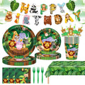 MIAOSHOUTAO 146Pcs Jungle Safari Party Supplies – Plates, Napkins & Tableware for Woodland Baby Shower & Birthday