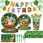 MIAOSHOUTAO 146Pcs Jungle Safari Party Supplies – Plates, Napkins & Tableware for Woodland Baby Shower & Birthday