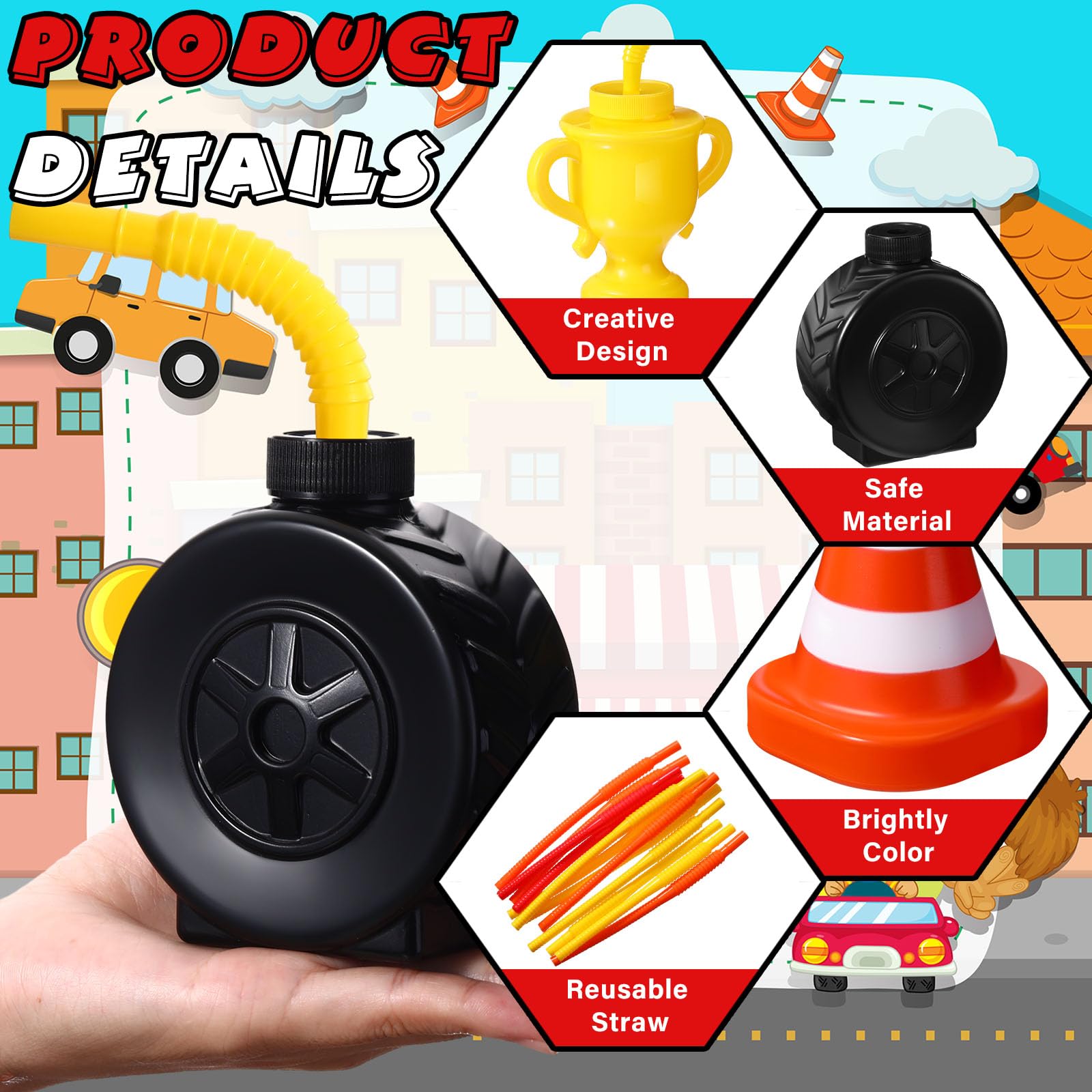 Mifoci 12-Pack Construction Cone & Tire Shaped Cups with Straws – 10 oz Party Favors
