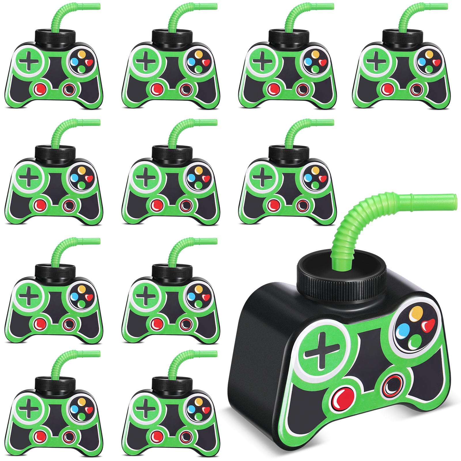 Mifoci 12 Pcs Plastic Video Game Cups with Straw and Lid 10oz Green – Gamer Birthday Party Supplies